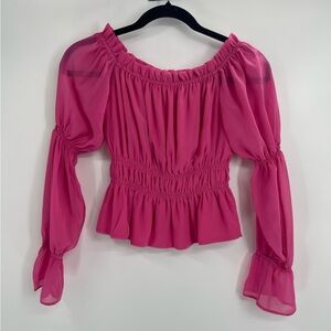WAYF magenta long sleeve ruffle Polyester Boho Preppy peplum Blouse Size Xs